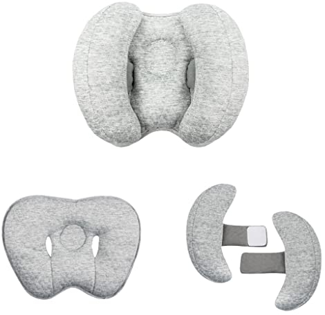 Blublu Park Baby 2-in-1 Reisekissen, Bananenform, verstellbar, Nacken- und Kopfstütze für Babys und Kleinkinder, Autositzeinsatz, Kissen für 3 bis 12 Monate, Grau