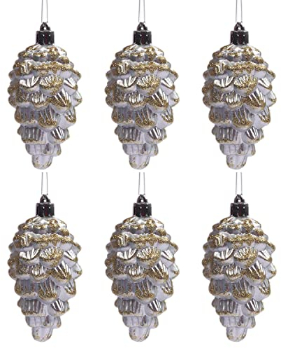 YYCRAFT 6 Stück glitzernde Tannenzapfen Weihnachtsschmuck 8,9 cm für Weihnachtsbaum DIY Handwerk Herbst Party Dekorationen, Silber