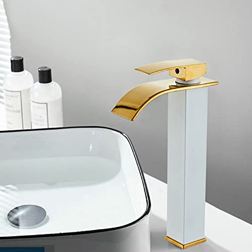 ZYCDP Rubinetto a Cascata Lavabo, Rubinetto Cascata in Acciaio inox, Acqua Calda e Fredda, Rubinetto Miscelatore Lavabo Monocomando, oro bianco, Alto