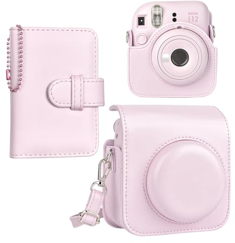 HIYQIN Étui pour Appareil Photo instantané Compatible avec Instax Mini 12, Sac en Cuir PU avec Poche, bandoulière réglable et Mini Album Photo 28 Poches (Rose Pur)
