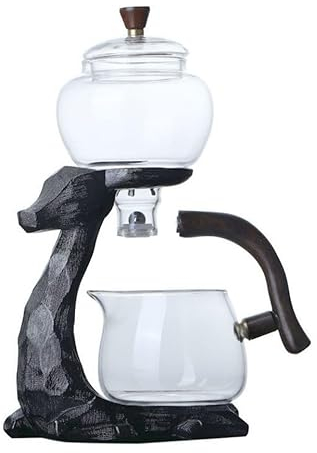 Mozeo Hitzebeständiges Kungfu-Glas-Tee-Set mit Heizung zieht Wasserableitung drehbarer Deckel Schüssel faul halbautomatische Hirschglas-Teekanne (schwarzer Hirsch einzeln)