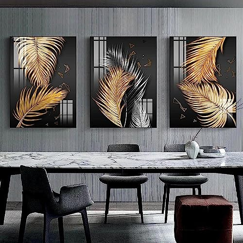 MHLCMG Noir Feuille d'or Or Plume Affiche Minimaliste Toile Tableau Art Peintures Decoration Murale pour Salon Chambre Tableau Decoration, sans Cadre (3X30X40CM)