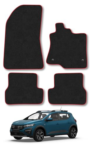 Dacia Sandero (2021+) Carpet Car Mats | Red Edge Trim Tailored Fit Floor Mats Full Coverage Protection Accessories Easy Clean Anti Slip Made in the UK