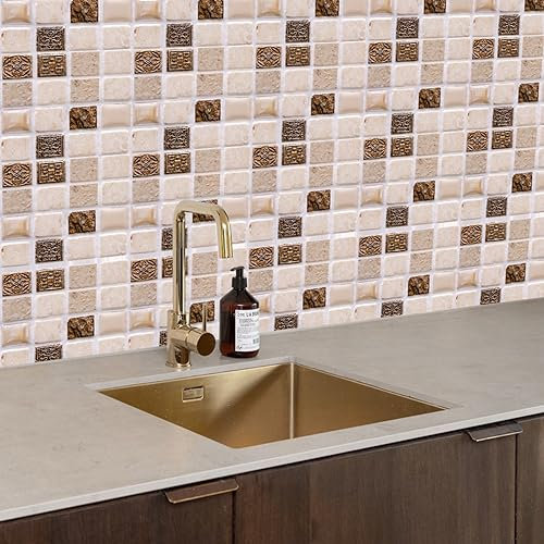 Piastrelle Cucina Ceramica 20X20 Mosaico Beige Impermeabile Pvc Autoadesivo Decorazione,Piastrelle Da Parete Autoadesive,Autoadesivi Fai Da Te Adesivi,Cucina Bagno Decorazioni(10Pcs)