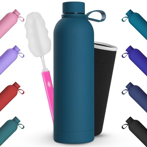 Geepen Botella Termica 1L Botella de agua acero inoxidable con cepillo + bolsa portátil Soporte para botella de agua deportiva para acampar,escuela,deportes,gimnasio,lago azul