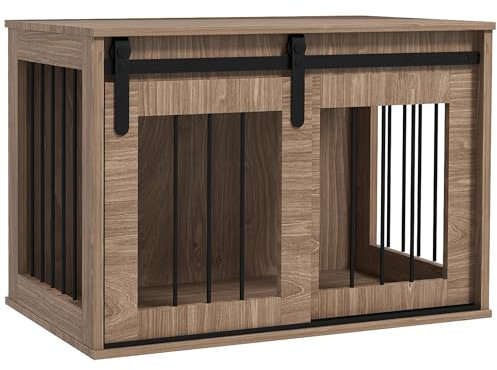 PawHut Cage Caisse Niche pour Chien Animaux intérieur 1 Porte coulissante, Table d'appoint, métal Effet Bois, dim. 57H x 80L x 54l cm
