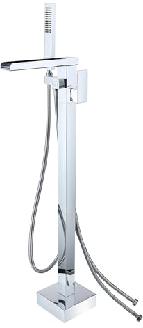 Robinet de Baignoire avec Douchette pour Salle de Bain Laiton Baignoire Robinet Mitigeur au Sol Autoportant Melangeur Baignoire Îlot Sur Pied avec Poignée Chromé(connexion externe)