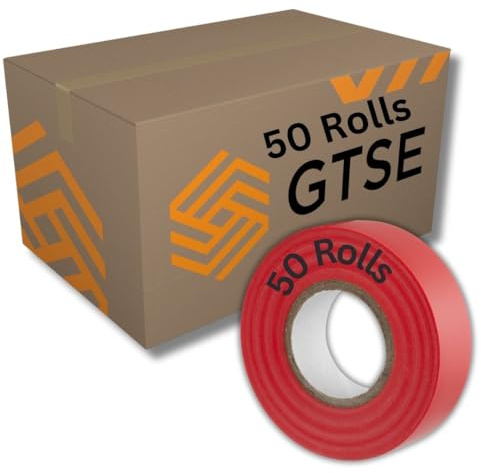 GTSE Red Electrical Tape, 19mm x 20m, Bulk Box of 50 Rolls, Strong Self-Adhesive PVC Insulation Tape for Insulating, Repairing and Protecting Electrical
