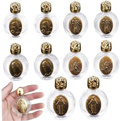 NASSMOSSE Botella de agua bendita, 10 unidades en relieve, contenedor de agua bendita vacía de vidrio con aspersor de agua bendita cristiana para regalo religioso, decoración del hogar y boda