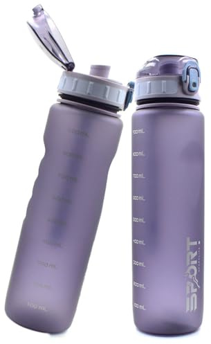 JIADEXIN Sportflasche, auslaufsichere Trinkflasche mit Kapazitätsskala mit Tragegurt, Klappverschluss, Farbverlauf, mattiert, Kunststoff, Lila, 1000 ml für Sport, 1 Stück