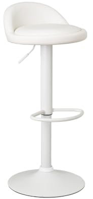 LOLAhome Taburete de Cocina Giratorio en 360°, Silla de Bar Regulable en Altura de 72 a 92 cm, con Respaldo de Polipiel, Estructura Metal Blanca y Reposapiés, Blanco