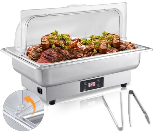OCTAVO Electric Chafing Dish 9 QT Adjustable Temp Roll Top Food Warmer, Full Size Auto ShutOff Stainless Steel Buffet Servers and Warmers, Temp Display Food Warmer Transparent Lid Chafers for Catering