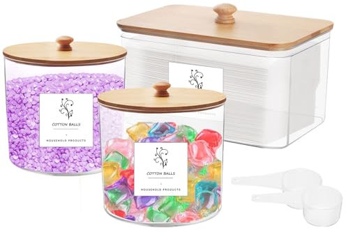Laundry Storage Containers, 3pcs Laundry Detergent Storage with Labels & Spoons, Large Capacity Plastic Laundry Room Organizer with Lid for Bath Bombs Scent Booster or Small Hairpin Beauty Cosmetics