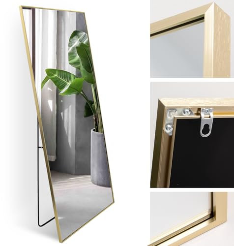 Rechteckiger großer Ganzkörper Standspiegel 80x180cm, eingefasst im edlen goldenen Aluminium Rahmen - kristallklare Spiegelung mit High-Definition-Glas - für Schlafzimmer, Bad, Flur, Wohnzimmer