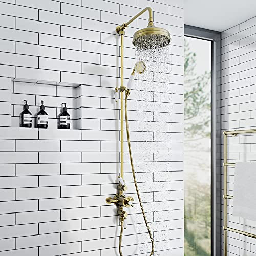 ENKI, Downton, SH0630, Shower Set with 2 Shower Head Outlets, Triple Thermostatic Shower Valve, Antique Brass Shower Tap Attachment for Bathrooms Showers