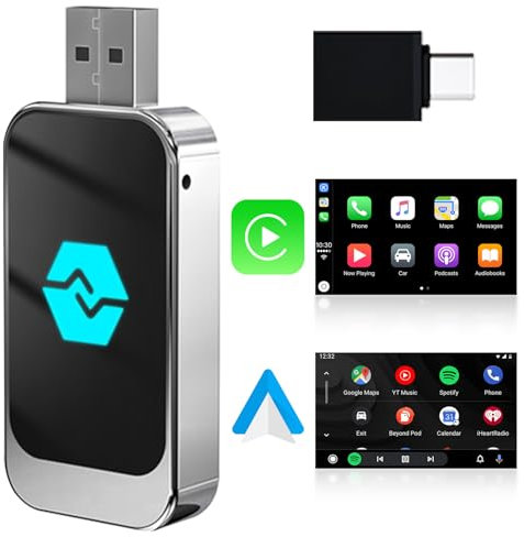 Adattatore Carplay Wireless e Android Auto Wireless, Conversione di Android Auto/Carplay Cablato in Wireless, Type-C e USB, Plug and Play per iOS 10+/Android 11+