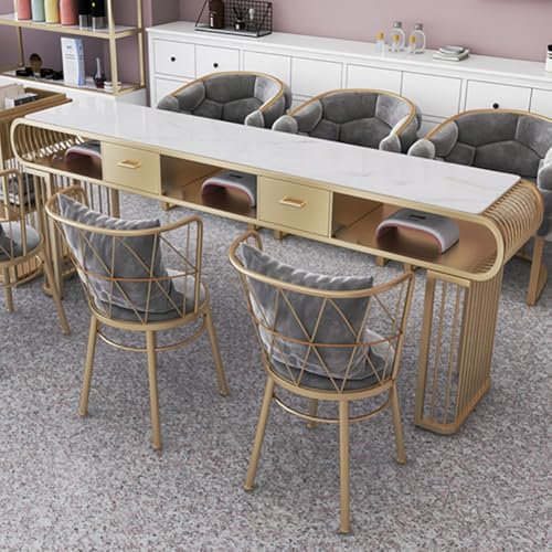 TT-YEC White Marble Nail Table, Gold Metal Frame Nail Workstation, Stylish Double-Layer Nail Workstation, Nail Salon Table, Beauty Salon Furniture Equipment Nail Station, Makeup Table,L140CM
