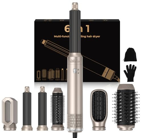 UKLISS Hairstyler 6 in 1 Air Styler Set- für Locken, Volumen, Glätten und Trocknen- 1000W Föhnbürste Set mit Airflow Lockenstab Automatisch, Warmluftbürste, Rundbürstenföhn, Glättbürste (Gold)