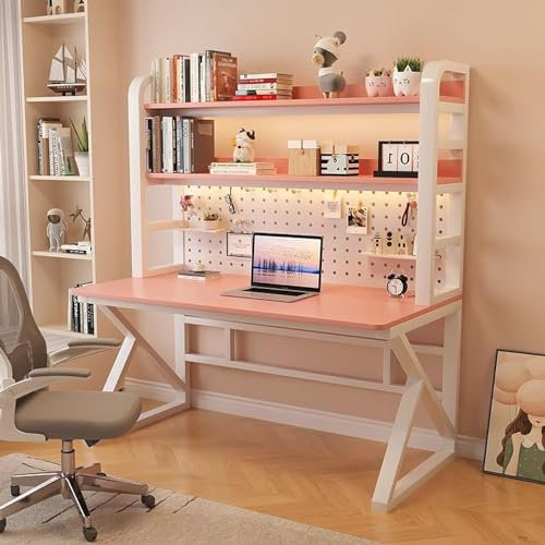 LXWKAI Computertisch mit Regalen und Stecktafel, 39 Zoll, Home-Office-Schreibtisch, moderner Schreibtisch/Arbeitsplatz für Studenten, einfache Montage, Rosa