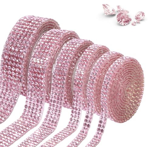 WatDenyFine Glitzerband Selbstklebend Rosa 6 Rollen 5 Größen Strasssteine Dekoratives Klebeband für DIY Basteln Dekorieren Geschenkverpackung 1 Yard Lang Jede Rolle