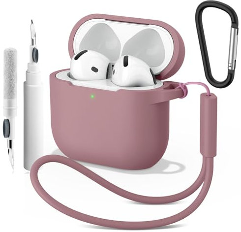 Wanme Cover per AirPods 4 2024 Case con Penna Pulita, Custodia Protettiva in Morbido Silicone per AirPods 4 con Moschettone e Corda Sospesa, LED Visibile