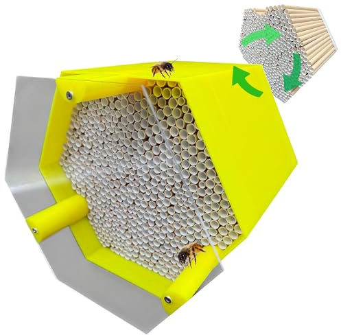 Wildbienen-Nisthilfe – absolut haltbar & wetterfest. Insektenhotel mit 600 Nisthülsen. Hochwertiges Wildbienenhotel für Gartenfreunde (Gelb, Bienenhotel mit Vogelschutzabdeckung)