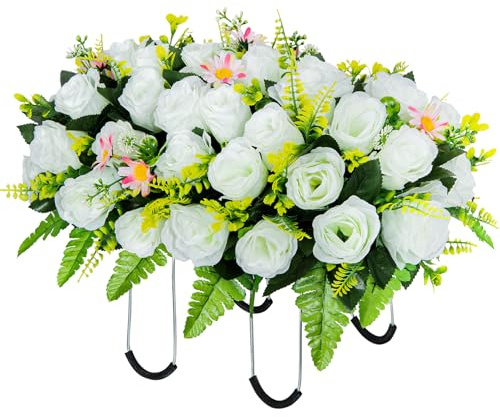 Velibobo Künstliche Friedhofsblumen Sattel, Grabblumen für Grabsteine, Memorial Friedhofsblumen für Grabdekoration (Weiß)
