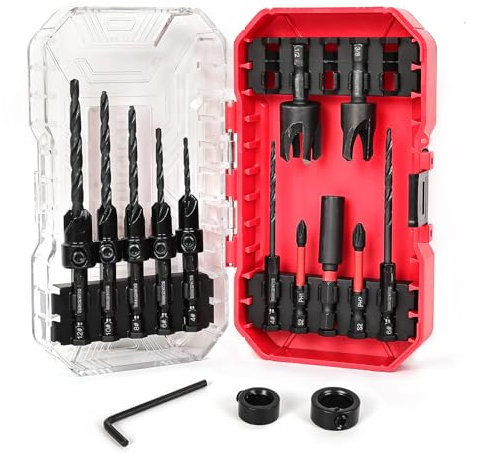 M2 Cobalt HSS Countersink Drill Bit Set, 15PCS Woodworking Drill Bits with Plug Cutters, Adjustable Depth Collars, 82° Counterbore, Quick Change Hex Shank - Professional Woodworking Tool Set