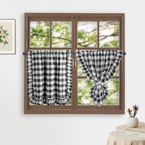 HiSnug 2er Set Scheibengardine Bistrogardine Landhaus Modern Kurzstores Küchengardine Kaffee Kurzvorhang Schwarz/Weiß Breit Kariert Kleinfenster mit Spitze Kurz H90 x B65 cm