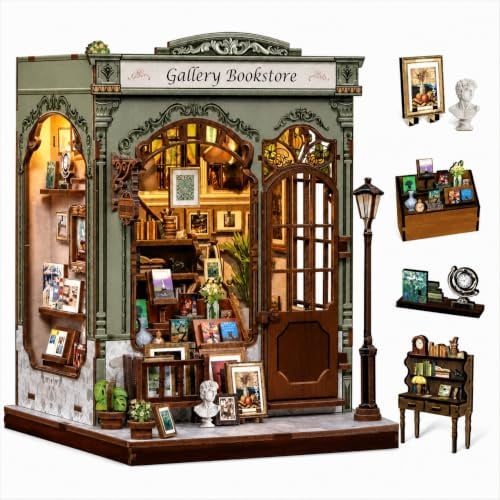 CUTEBEE Book Nook Bausatz, DIY Miniaturhaus-Bausatz für Erwachsene und Jugendliche, dekorativer Bücherstütze mit LED, 3D-Holzpuzzle, Tiny-House-Modellbausatz, DIY-Bastel-Geschenk (Gellery Bookstore)