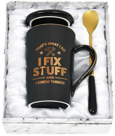 Joymaking Funny Gifts for Men Coffee Mug Mens Gifts for Christmas Birthday Gifts - That's What I do I Fix Stuff and I Know Things - Presents for Men Christmas, 14Oz Black