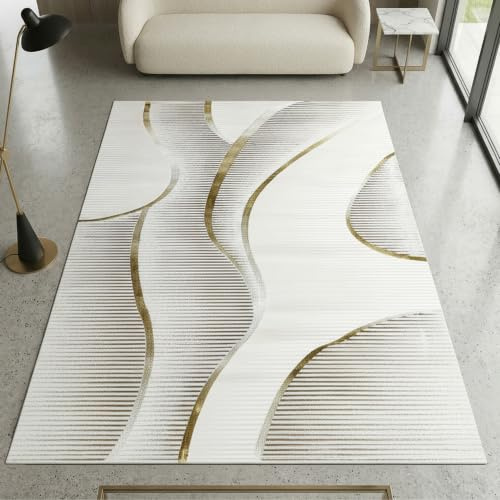 CARPETIA Teppich Linienmuster Creme Gold mit Glanzeffekt 120x170 cm | Weich, pflegeleicht, schmutzabweisend und formstabil, seitlich gekettelt, OEKO-TEX geprüft, für Fußbodenheizung