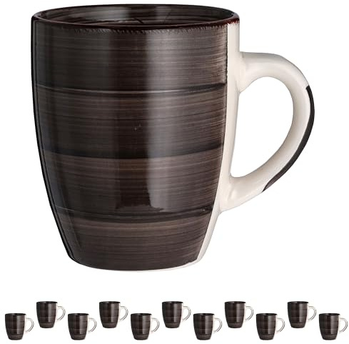 Kaffeebecher 12er Set | braun 360ml 9x11cm Steingut | Bunte Tassen mit Henkel Tee Kaffee Glühwein | Keramiktasse für heiße Getränke (1 x 12er Set Becher braun)