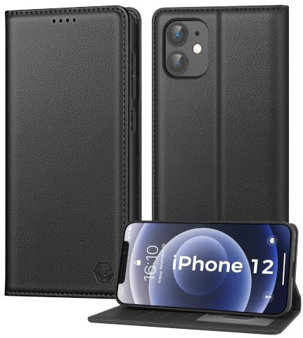 Kirnntca Handyhülle für iPhone 12/12 Pro Hülle, Kartenfach Premium PU Leder Klapphülle Schutzhülle, Standfunktion Tasche Flip Case für iPhone 12/12 Pro - Schwarz