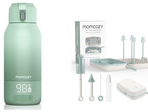 Momcozy Tragbarer Flaschenwärmer Baby für unterwegs, 500ml Kapazität & Flaschenbürsten-Set - Babyflaschen-Reinigungsset mit Silikonbürste