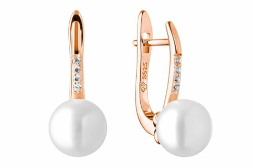 Gaura Pearls Perlenohrringe weiß – Runde Süßwasserperlen 8–8,5 mm • Zirkonia Akzent • Englischer Verschluss • 14K Roségold plattiertes 925 Silber • Eleganter Damenschmuck