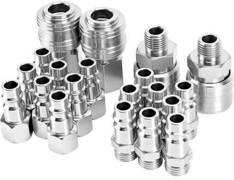 JIAYUET 20 Piece Industrial Air Line Fittings Set,1/4 BSP Euro Connectors for Compressors,Hoses and Pneumatic Tools,Nickel-Plated Steel Couplers and Plugs