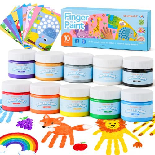 Shuttle Art Fingerfarben Kinder ungiftig Set 10×60ml, mit 10 Malvorlagen | Waschbares Malset für Kinder ab 2 Jahre, EN71 Geprüft, Kinder Malset für Hand und Fußabdrücke
