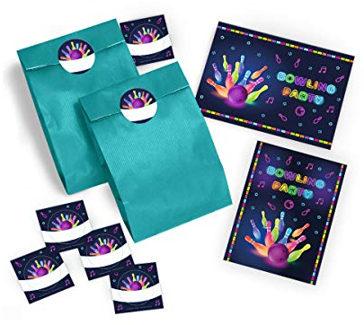 8 Einladungskarten zum Kindergeburtstag Bowling für Mädchen und Jungen/Erwachsene incl. 8 Umschläge, 8 Tüten/petrol, 8 Aufkleber/bunte Einladungen zum Geburtstag/Geburtstagseinladungen