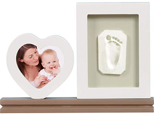 Happy Hands Herz-Rahmen Handabdruck Set für einen Baby Hand- oder Fußabdruck zur Erinnerung (leichte Handhabung, inkl. hautfreundliche Modelliermasse, 2 Rahmen und einem Ständer), Weiß
