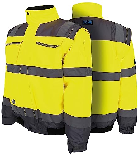 PRO FIT Warnschutz Pilotenjacke – Atmungsaktive Arbeitsjacke, Wind- & Wasserabweisend, Ärmel abnehmbar, Reflexstreifen, Unisex - Gr. S, Neongelb/Grau