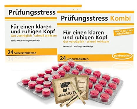 Lustige Pillen PRÜFUNGSSTRESS KOMBI Pille 2er Set, als Geburtstagsgeschenk. Spaß, Anti Stress, gute Laune, Junggesellenabschied Mann und Frau. mit John Silver® Orakelsprüchen