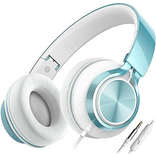 AILIHEN C8 Kopfhörer mit Kabel und Mikrofon, faltbar und verstellbar, On-Ear-Headsets, Lautstärkeregelung, HD-Stereo-Sound, 3,5-mm-Klinkenstecker für Chromebook, Laptop, Smartphone(Hellblau)