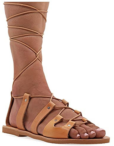 Emmanuela Sandali gladiatori greci antichi, sandali in pelle piatta a mano con dita aperta e lacci, scarpe estive di alta qualità per legare per le donne