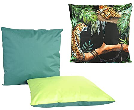 JACK 3er Set Outdoor Lounge Kissen 45x45cm 1x Motiv + 2X Wende Dekokissen inkl. Füllung Wasserfest Sitzkissen Garten Stuhl, Farbe:Leoparden