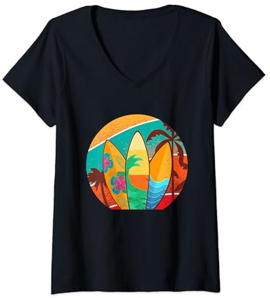 Damen Vintage Surfboard Classic Surfboarder Retro Surfer T-Shirt mit V-Ausschnitt