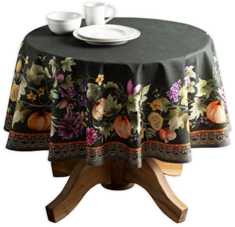 Maison d' Hermine Tischdecke, 100 % Baumwolle, rund, dekorativ, waschbar, 160 cm Durchmesser, Tischdecke für Esszimmer, Party, Kürbisgarten, Dunkelgrün, Thanksgiving/Weihnachten