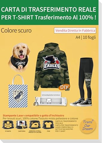 TransOurDream Für alle Stoffe, Inkjet und Laser Transferpapier Blätter A4X10, für dunkle Stoffe Polyester, Leinwand, Streifen, Karos, Jeans und Camouflage-Stoffe (IT -FX-10)