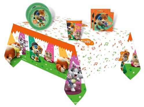 Kit Festa di Compleanno 44 Gatti per 24 Persone - Set Addobbi Decorazioni da Tavola 44 Cats Party Bambino Bambina (24 piatti, 24 bicchieri, 32 tovaglioli, 1 tovaglia)