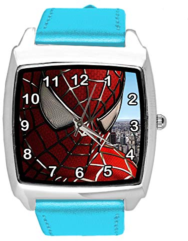 Quadratische Uhr aus blauem Leder für Fans von Superhelden e1, blau